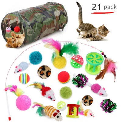 Vendita calda di Amazon Forniture per animali domestici Vari divertenti set di giocattoli per gatti da 21 pezzi per giocare a giocattoli di piume, giocattoli con palline per tunnel per gatti, accessori per animali domestici